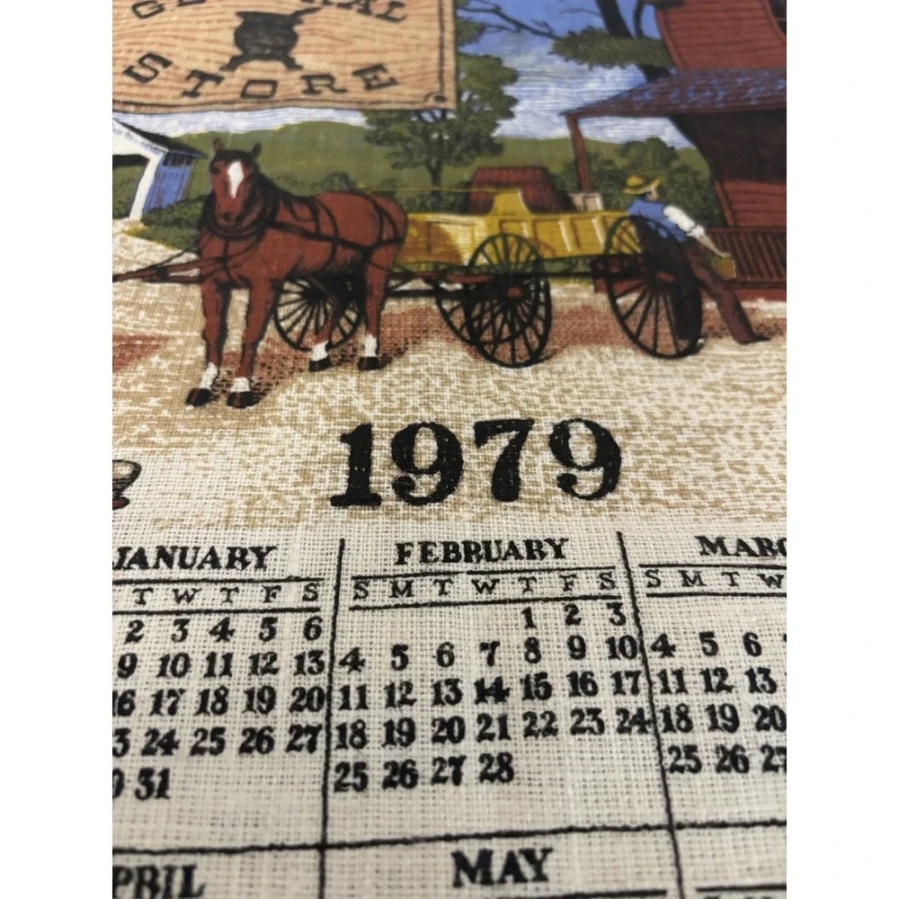 1979 Vintage MCM Linen Calendar Tea Towel Wall Hanging Country Horses Folk Art